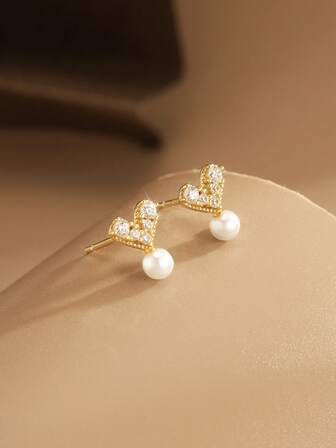 1 Pair S925 Sterling Silver Heart Pearl Zirconia Plated Gold Earrings, Elegant Mini Cute Jewelry Accessories, Gift For Mother, Girlfriend, Friend, Couple, Daily Wear