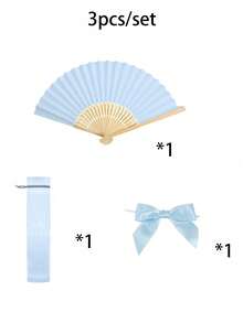 Elegant Fan Set, Including Bow And Gift Bags, Bridal Bamboo Handheld Folding Fan, Suitable For Bridesmaid Gifts And Wedding Decorations, Perfect For Parties And Events, Perfect Summer Accessory - Baby Blue - View 7