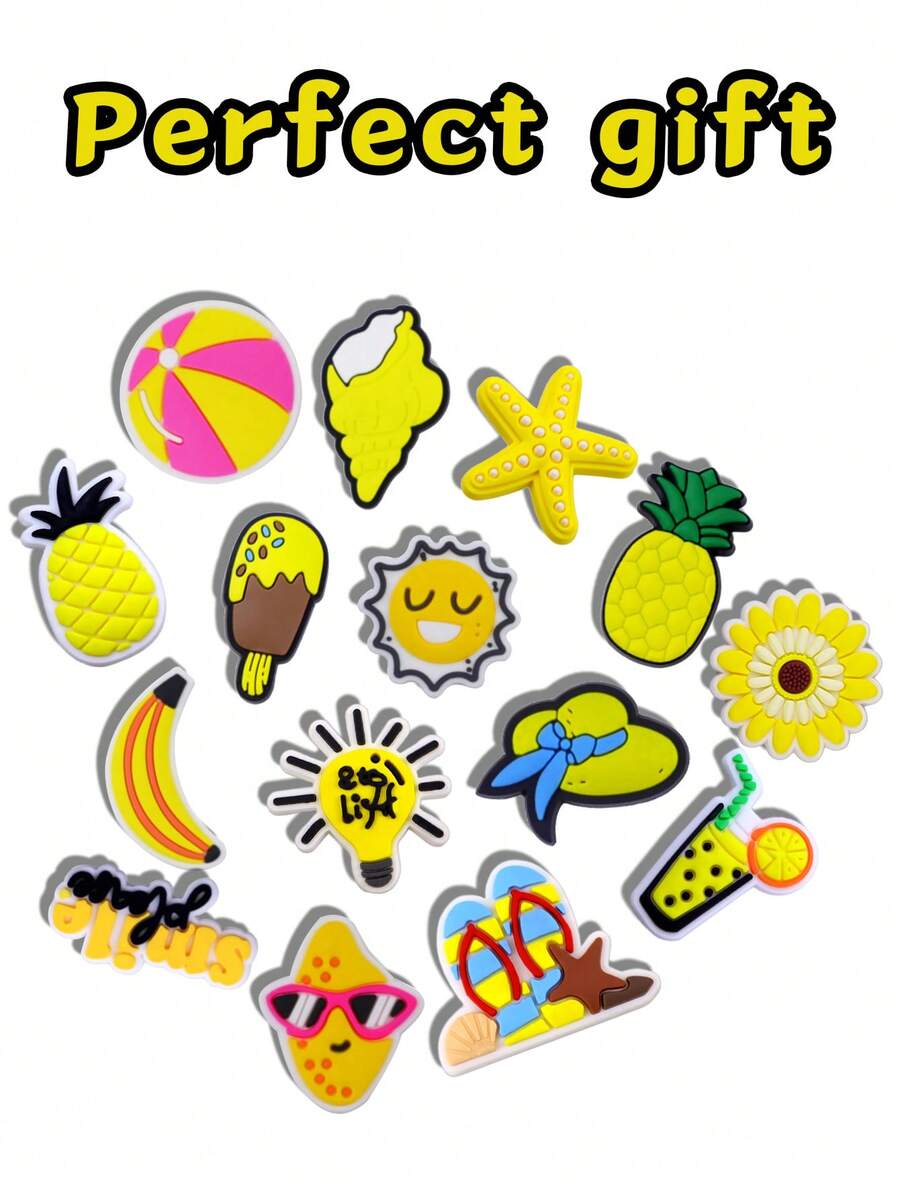 15 PCS Yellow Summer Beach Series, PVC Shoe Decoration, Summer-Themed Shoe Accents, Shoe Charm Features Pineapple, Ice Cream, Sun, And Flowers. Suitable For Beach Bags, Shoe Accessories, Birthday, Christmas, Valentine's Day, Halloween Party Gifts. - Summer Beach - View 1