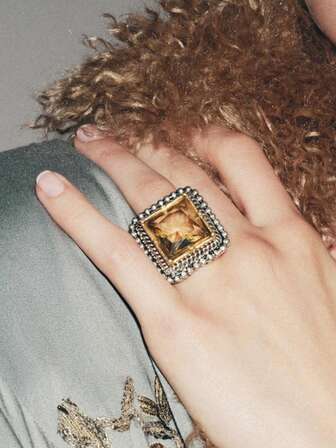 ZAA 大号方形拼接宝石戒指，几何合金方形钻石开口女戒指，优雅百搭配饰，女士珠宝，送给女孩的最佳礼物