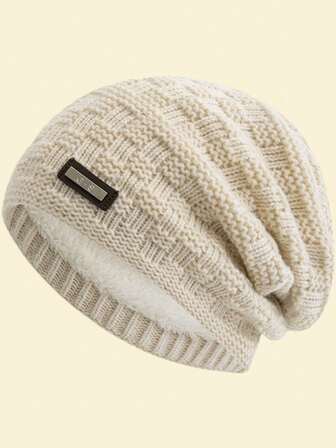 JZML 1 buc pălărie Beanie lejeră cu etichetă decorativă G.S, pălărie de iarnă căptușită de pluș, echipament de iarnă