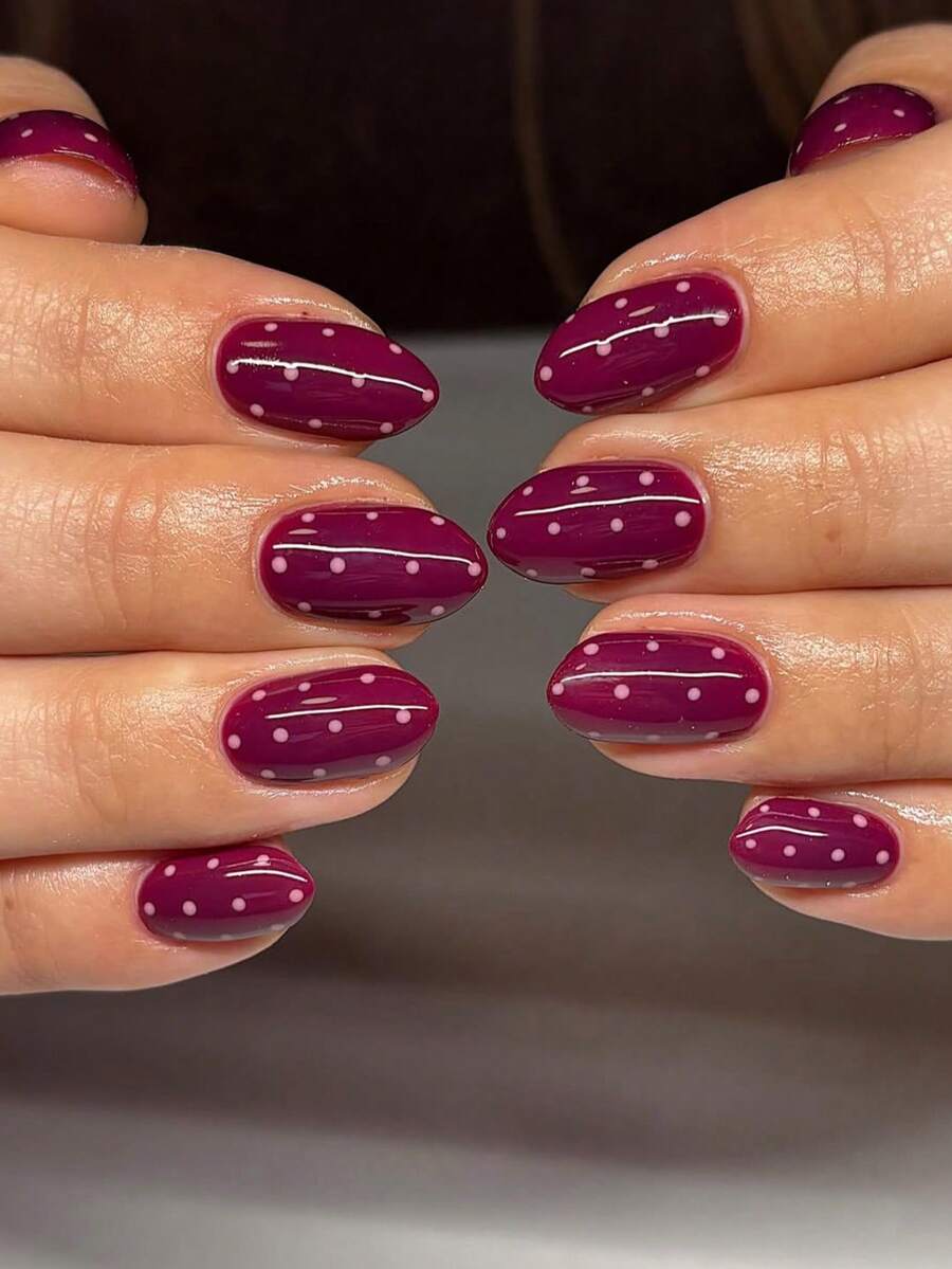 24片中号杏仁形美甲贴纸，红粉波点设计，复古风格，亮面全覆盖，适合女性和女孩日常佩戴美甲用品 - 彩色 - 查看 1