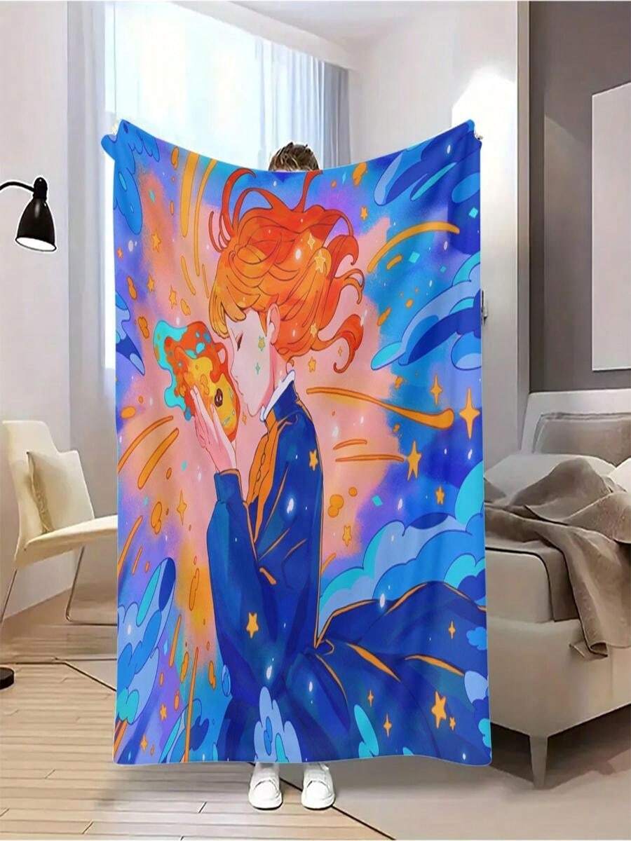 1pc K-Pop Pink Purple Fantasy Printed Blanket, Soft And Comfortable Flannel Blanket, Suitable For School Dorm Office Nap, Warm And Cozy All-Season Camping Blanket - White - View 1