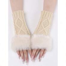 1pair Women's Coffee Colored Short Knitted Gloves With Exposed Fingertips, Winter Warm And Stylish - 米色 - 查看 5