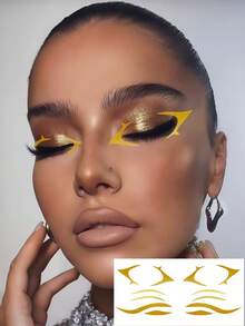 4张眼影纹身金色眼线贴纸面部闪光纹身贴眼线性感眼妆贴纸眼部纹身临时贴，适用于夏季派对、舞会、音乐节、复活节装饰 - 金色 - 查看 3