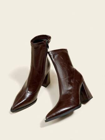 Fall/Winter 8.5cm Chunky Heel Ankle Boots & Short Boots, Coffee Brown, Pointed Toe, Comfortable, Fashion Slim Boots For Women