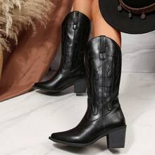 女士户外牛仔靴，棕色新款时尚高帮尖头粗跟，轻便防滑舒适V型开口过膝复古刺绣西部靴 - 黑色 - 查看 4