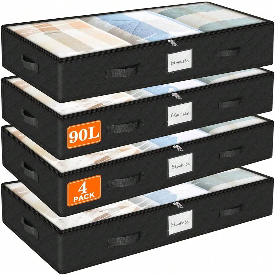 4pcs Under-Bed Storage Organizers With Transparent Window & Reinforced Handles - High Quality Non-Woven Fabric Foldable Large Capacity Blanket Storage Bags, Multi-Purpose Space-Saving Underbed Organizers For Clothes, Bedding, Linens, Under-Bed Storag - 黑色 - 查看 1