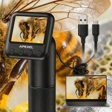 APEXEL 便携式 USB 高清显微镜，400X-800X 数字放大镜，带 LED 灯，专业工业测量分析显微镜，2 英寸高清屏幕，快速对焦，内置 700mAh 可充电电池，支持 32GB 存储卡，可用于存储照片和视频。