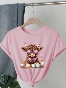 Highlander Cow, Cute Cow, Egg Flower Print Round Neck Short Sleeve T-Shirt, Casual Women Tops Suitable For Spring/Summer, Comfortable For Daily Wear - Pink - View 1