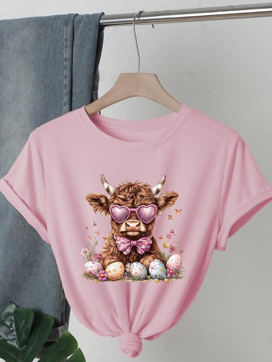 Highlander Cow, Cute Cow, Egg Flower Print Round Neck Short Sleeve T-Shirt, Casual Women Tops Suitable For Spring/Summer, Comfortable For Daily Wear - Pink - View 1