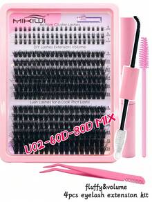 276Pcs D Curl Lash Clusters DIY Kit With Bottom Lashes, Bond, Seal, Tweezers, Brush. Mixed Length 60D-120D Individual False Lashes, Fluffy, Wispy, Soft, Lightweight, Reusable, Easy Apply, Beginner Friendly, Daily Party Wedding Makeup - 黑色 - 查看 11