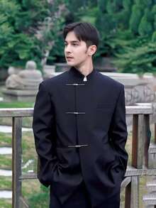 New Chinese Style, Elegant, Handsome Stand Up Collar, Spring And Autumn Seasons, High-End Feel, Metal Buckle, Engagement, Marriage, Men's, Suit Jacket - 黑色 - 查看 1