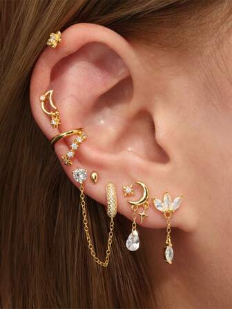 EleRunis 1件 925纯银月亮星星马眼形花朵平底耳骨螺旋穿刺饰品，适合日常佩戴、婚礼、派对、订婚、周年纪念、情人节等场合。