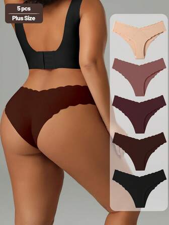 5pcs Women High Waist Melon Color Wavy Hem Seamless Briefs, Elastic & Breathable Panties