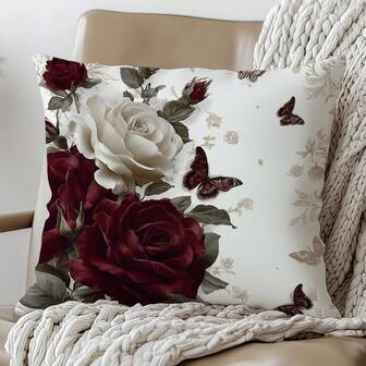 1pc Vintage Rose Flower & Butterfly Decorative Pillow Cover, Single-Sided Printed Peach Velvet Polyester, 45*45CM/18*18inch Cushion Cover For Room Decor, Modern Minimalist Sofa Living Room Decor Gift