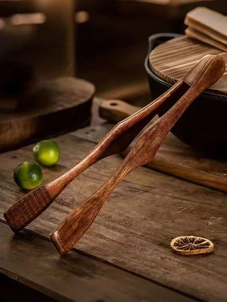 1 Pinza de cocina resistente a altas temperaturas de madera sólida, pinza para bistec, fruta, pan, barbacoa, herramienta para pinzar alimentos, pinza para fideos
