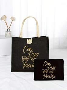 基督教主题帆布手提袋,时尚“Con Dios Todo Es Posible”(在上帝面前,万事皆有可能)帆布手提袋,可重复使用印花手提袋,女士双提手购物书包,大容量单肩包,休闲手提袋,圣诞节收纳袋 - 彩色 - 查看 4