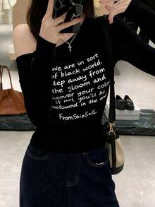 性感短款上衣，斜肩长袖T恤，秋季修身汗衫 - 黑色 - 查看 5