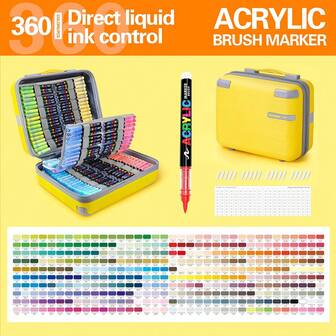 360 Colors Brush Direct Liquid Acrylic Paint Pens, Soft Brush Tip Acrylic Paint Markers, Color Acrylic Markers Ideal For Canvas, Rock Painting, Wood, Stone, Glass, Ceramic,Fabric Painting, DIY Crafts