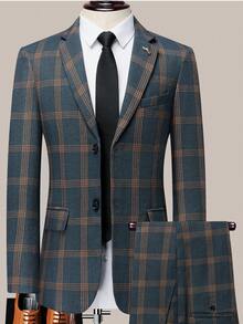 Latest Men's Checkered Suit Two-Piece Set, Four Season Style, Men's US Size Slim Fit Two-Piece Set, Wedding Banquet Dress, Business And Leisure Style - Haze Blue Grid - View 1