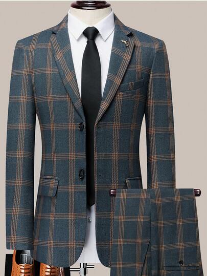 Latest Men's Checkered Suit Two-Piece Set, Four Season Style, Men's US Size Slim Fit Two-Piece Set, Wedding Banquet Dress, Business And Leisure Style