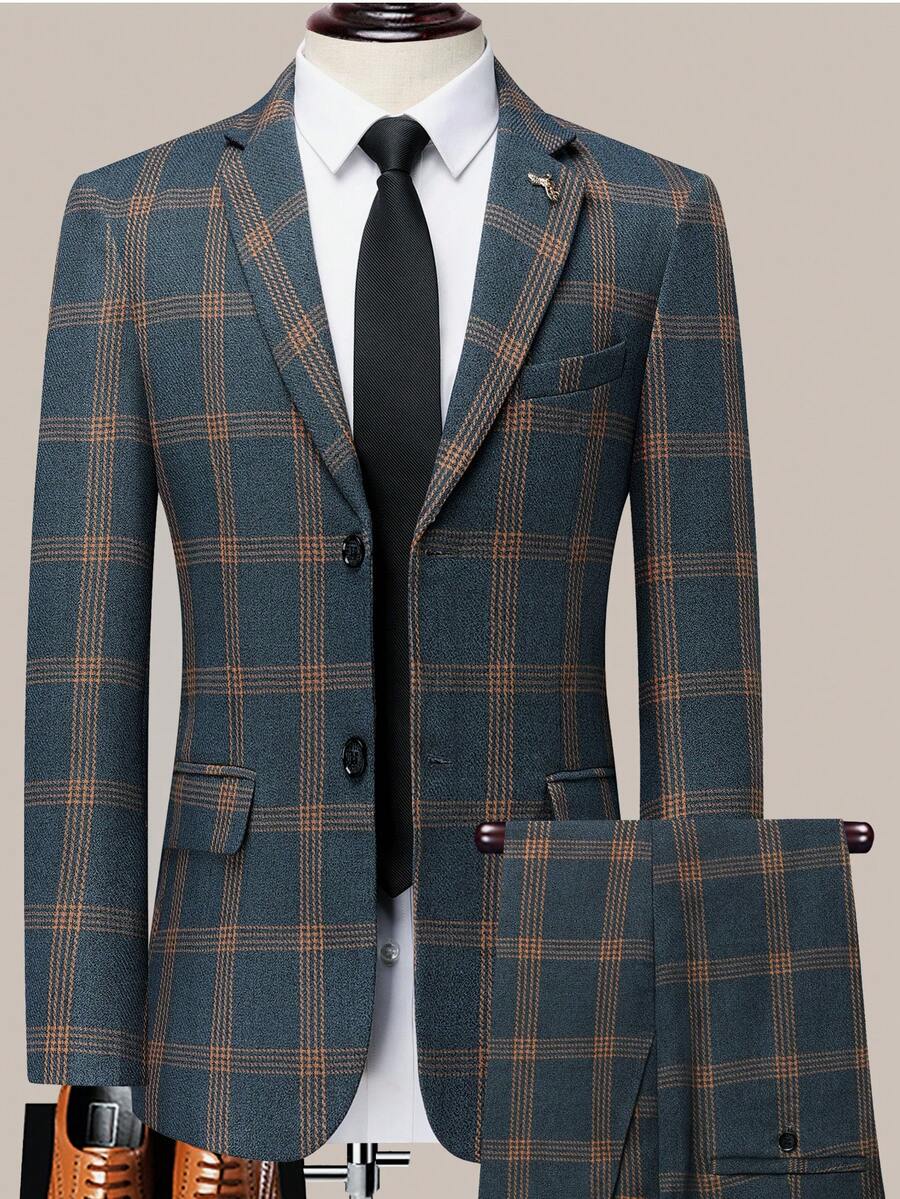 Latest Men's Checkered Suit Two-Piece Set, Four Season Style, Men's US Size Slim Fit Two-Piece Set, Wedding Banquet Dress, Business And Leisure Style - Haze Blue Grid - View 1