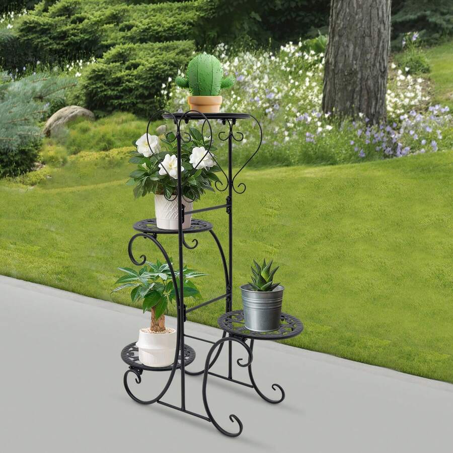 WOBENFOG 4-Tier Metal Flower Plant Stand, Indoor Outdoor Plant Shelf Display,  Flower Pot Holder Stand For Patio Garden, Living Room, Corner Balcony, Bedroom, Office - 黑色 - 查看 1