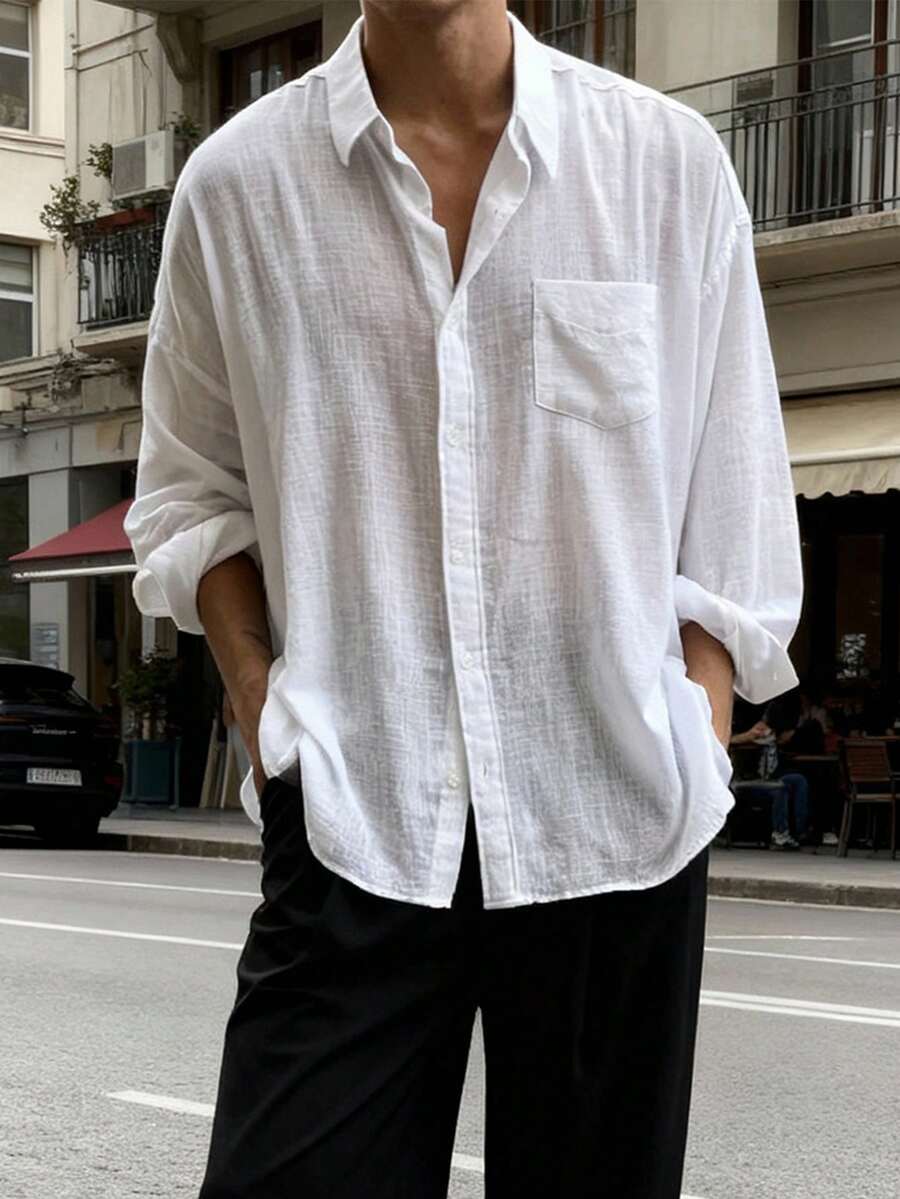 男士纯色长袖单排扣口袋宽松休闲衬衫，秋季款