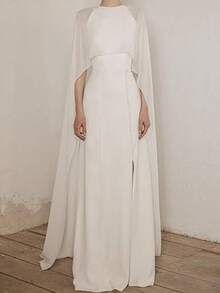 Women High Low Cape Chiffon Shawl Capelets Bridal Bridesmaid Cover Up Poncho Omen Chiffon Shawl Cape Mesh Sheer Poncho Top Capelets For Evening Dress Shawl Wraps Cover Up Wedding Party - 白色 - 查看 2