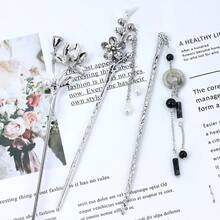 Retro Vintage Asian Chinese Traditional Hanfu Silver Metal Flower Hair Sticks With Pearl Bead Pendants Bamboo Lotus Long Hair Chopsticks Forks Bun Updo Holders Hairpins - 8件 S1 - 查看 8