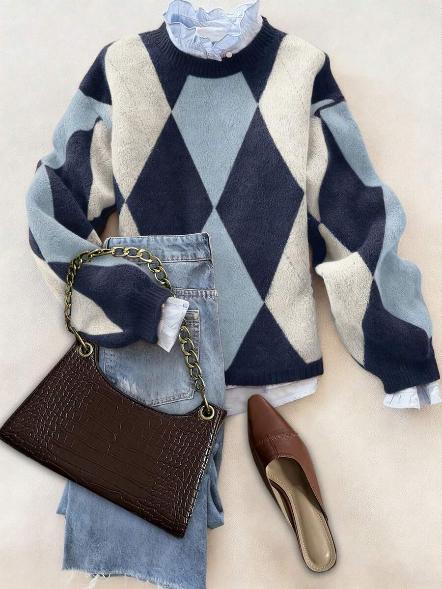 Autumn And Winter Fashionable, Comfortable, Warm, Diamond Pattern, Contrasting Colors, Round Neck, Long Sleeves, Loose Knit Sweater Pullover