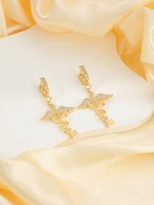 1 Pair Fashion Angel Wings & Snake Element Key Shaped Copper Zirconia Dangle Earrings, Versatile & Sweet Ear Clips - Yellow Gold - View 6