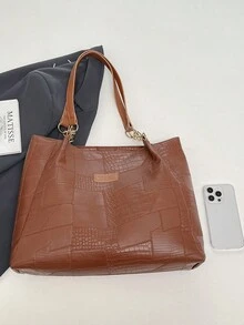 Nuova borsa a tracolla/borsetta casual in pelle PU di grande capacità, borsa a spalla/borsetta da donna di moda in colore unito con cerniera - Castano - Visualizzare 8