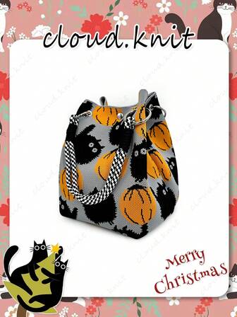 1 件万圣节南瓜和黑猫图案针织手提包，女士便携式可折叠双手柄小手提包，磁扣，通勤包，购物袋，适合圣诞节、万圣节、节日礼物、礼品袋