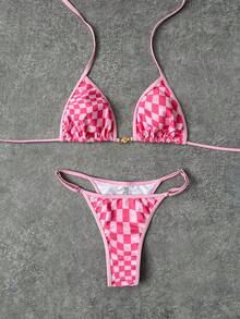 Women's Fashion Plaid Print Elegant Bikini Set With Spaghetti Straps, Suitable For Beach Vacation - Pink - View 2