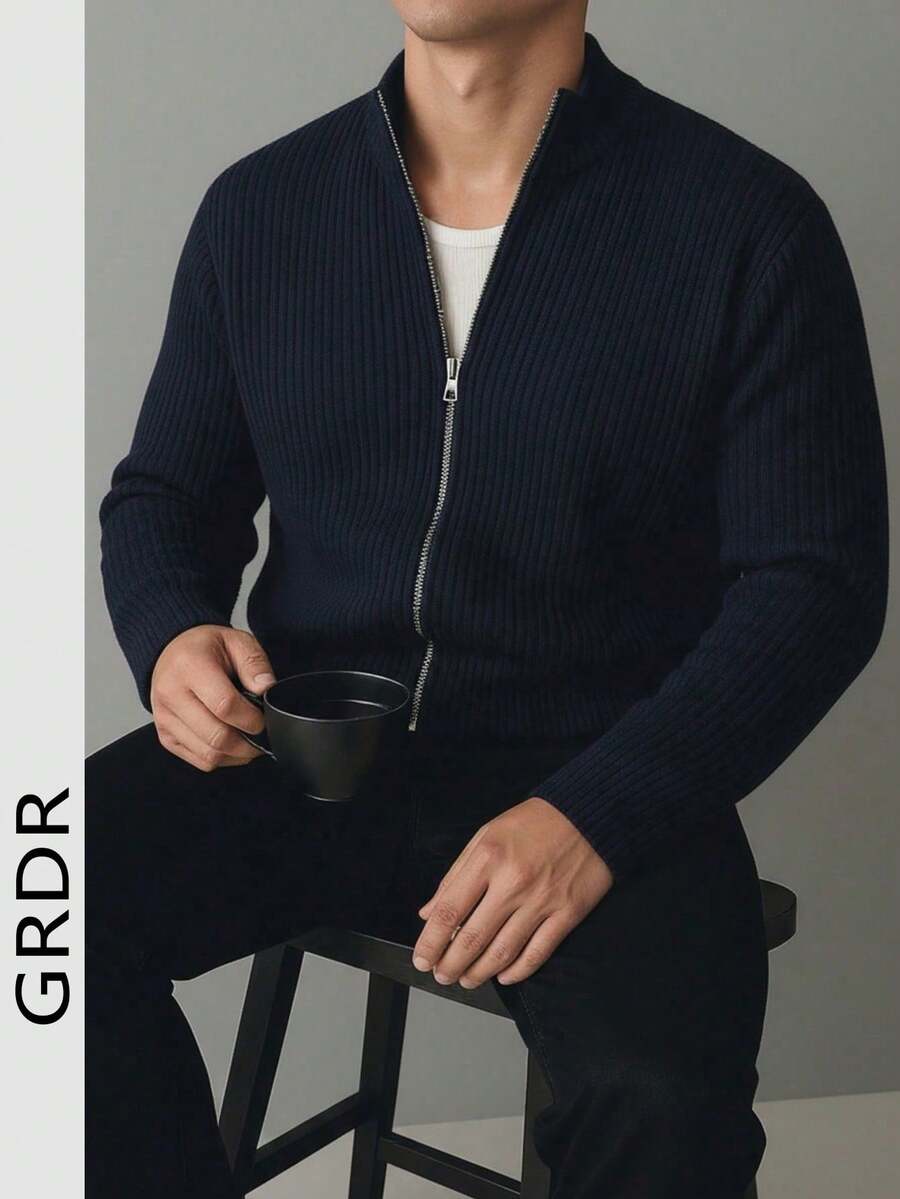 GRDR 男士圆领长袖双拉链开衫毛衣，日常百搭 - 藏蓝色 - 查看 1