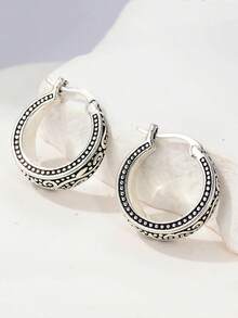 1 Pair Vintage Handcrafted Textured Copper Hoop Earrings, Bohemian Style Round Earrings, Suitable For Everyday Wear And Vacation, Perfect Gift For Her - Antique Silver - View 5