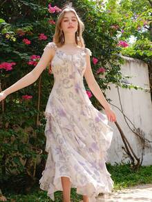 Abito da donna con spalline sottili e senza maniche, stile francese da spiaggia e vacanza, nuovo ed elegante per l'estate - Viola - Visualizzare 3