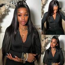 200% Density 13x4 High-Definition Lace Front Wig, Straight Lace Front Wig, 100% Brazilian Human Blended Hair Wig, Natural Style 13x4 Glue-Free Full Lace, Pre-Pulled Lace Wig, With Baby Hair, Swiss High-Definition Lace - Natural & Black - View 5