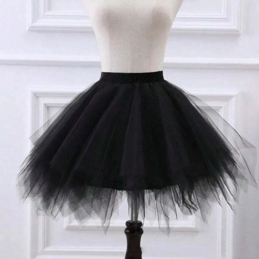 1件装女士朋克哥特风荷叶边网纱半身裙，弹力腰带菱形网纱摇滚迷你裙情人节配饰