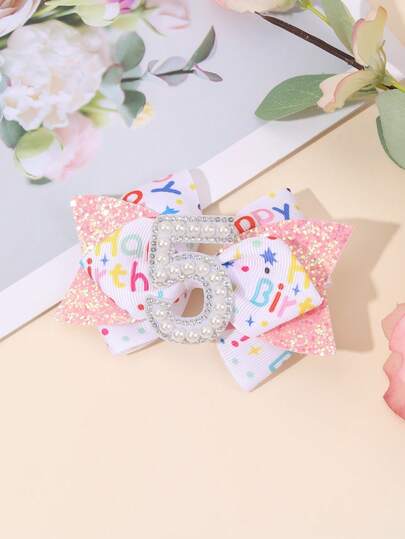 1PC Glitter Birthday Party Hair Bow Clip For Girls, Lucky Number Pearl Bow Hairpin Suitable For Birthday Party & School Daily , Birthday Gift For Daughter, Girls' Cute Hair Barrette Accessory