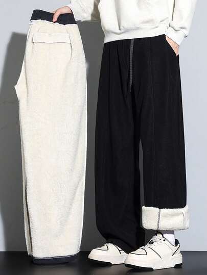 Men's Autumn And Winter Fleece-Lined Thickened Solid Color Fashion Straight-Leg Pants Functional Buckle Wide-Leg Pants, Thermal Clothes Men, Long Johns For Men Joggers For Men, Men's Sweatpants, Pants For Men, Gifts For Friends, Husbands, Boyfriends