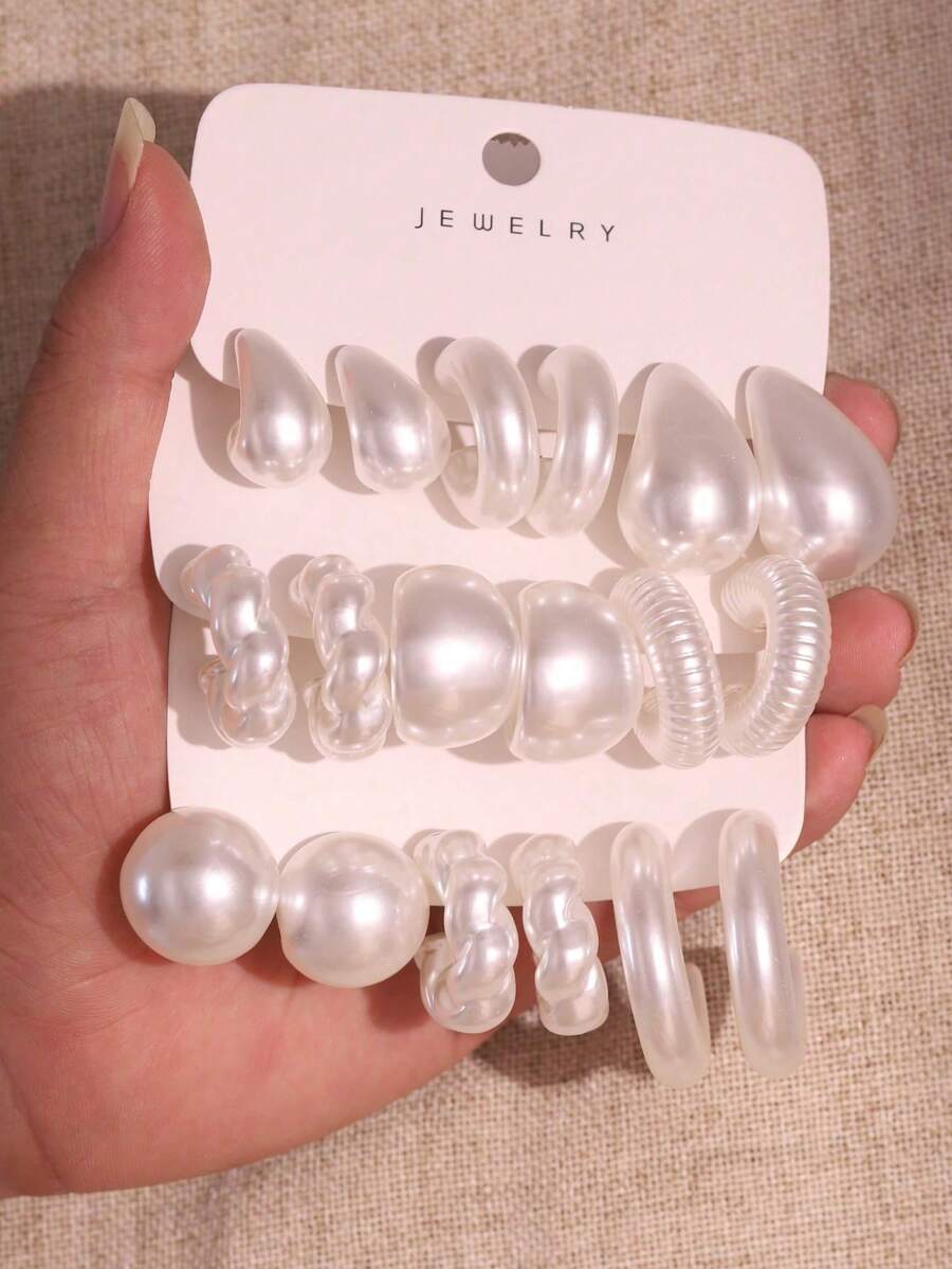 2-6-18pcs/Set Fashion Earring Set, CCB Material C-Shaped Hoop Earrings And Water Drop Stud Earrings Set, Suitable For Women's Daily Wear - White - View 1