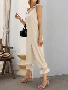 女士休闲纯色打结吊带背心哈伦裤，适合约会和度假