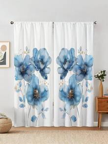 2pcs Abstract Blue Art Floral Print Kitchen Window Curtain, Without Holes Curtain,Refer To Bedroom Office Kitchen Living Room Study Home Decor - Multicolor - View 2