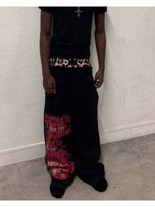 Statement Print Jogger Pants With Animal Pattern Waist - Contrast Typography Design And Elastic Cuff Ankles For Urban Street Style - màu đen - Xem 2