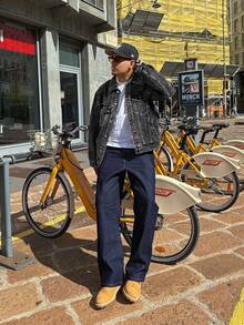 男士时尚休闲街头风牛仔夹克，百搭青年街头学院风夹克 - 深灰色 - 查看 3