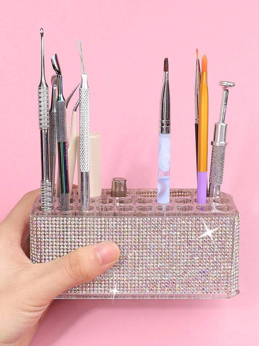 klimonla 1pc Acrylic Transparent 26-Hole Rhinestone Nail Art Organizer Pen Holder - White - View 1
