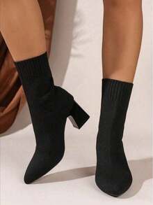 Women's Classic Black Pointed Toe Thick High Heel Ankle Boots, Fashionable, Versatile, Elegant, Ladder Design, Non-Slip Sole, Suitable For Halloween, Wedding, Holiday Season, Autumn/Winter Botas De Mujer Zapatillas Elegantes De Mujer  Zapatos De Vestir Mujer - Black - View 4